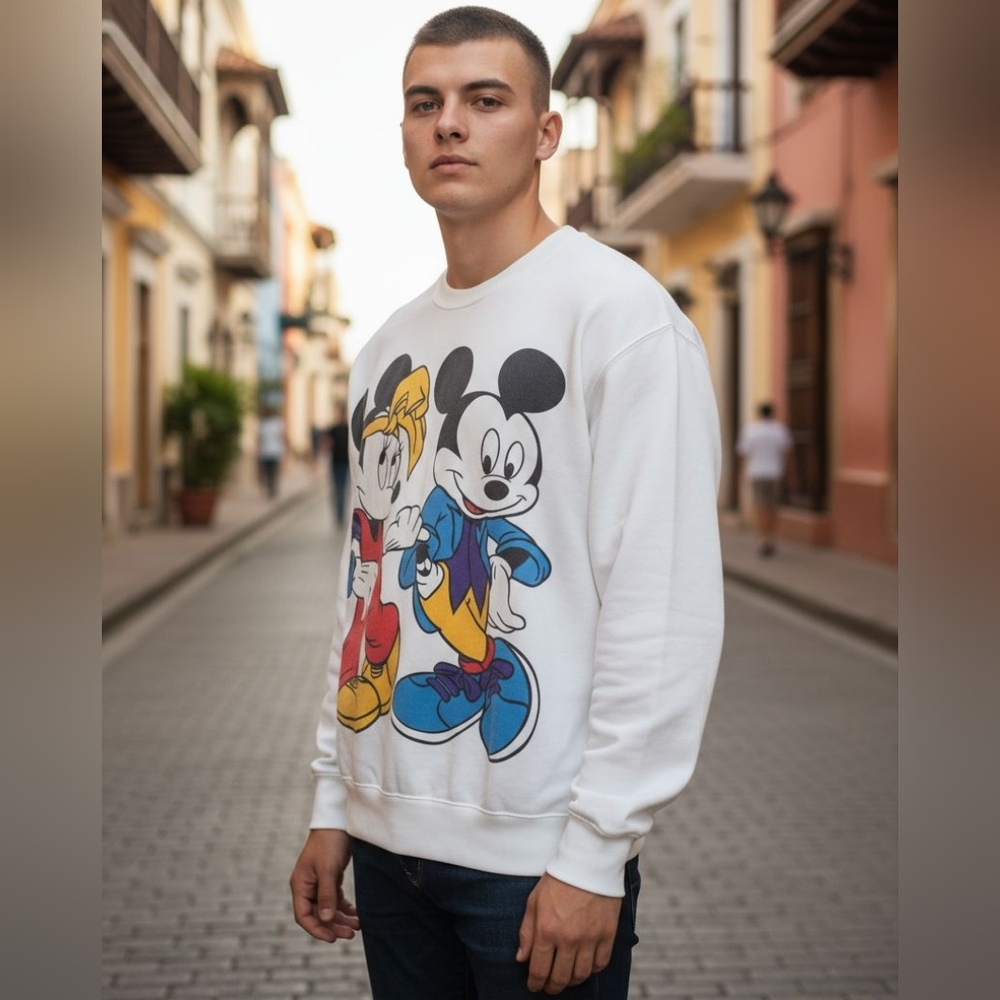 Rare Mickey by Jerry Leigh Mickey & Mini '90s Print Crew Neck Sweater